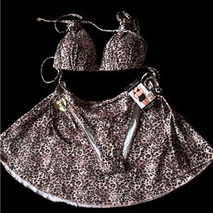 CATHERINEMAlANdRINO Leopard Print Bikini Set with Skirt 3 pieces size L NWT